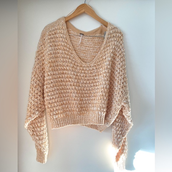 Free People Coconut V-Neck Oversized Cotton Blend Knit Pullover Yellow - Picture 3 of 9